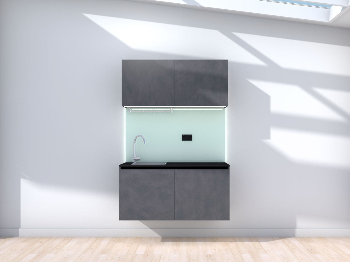 Weightless - Floating prefabricated kitchenette - slate and mint - no appliances