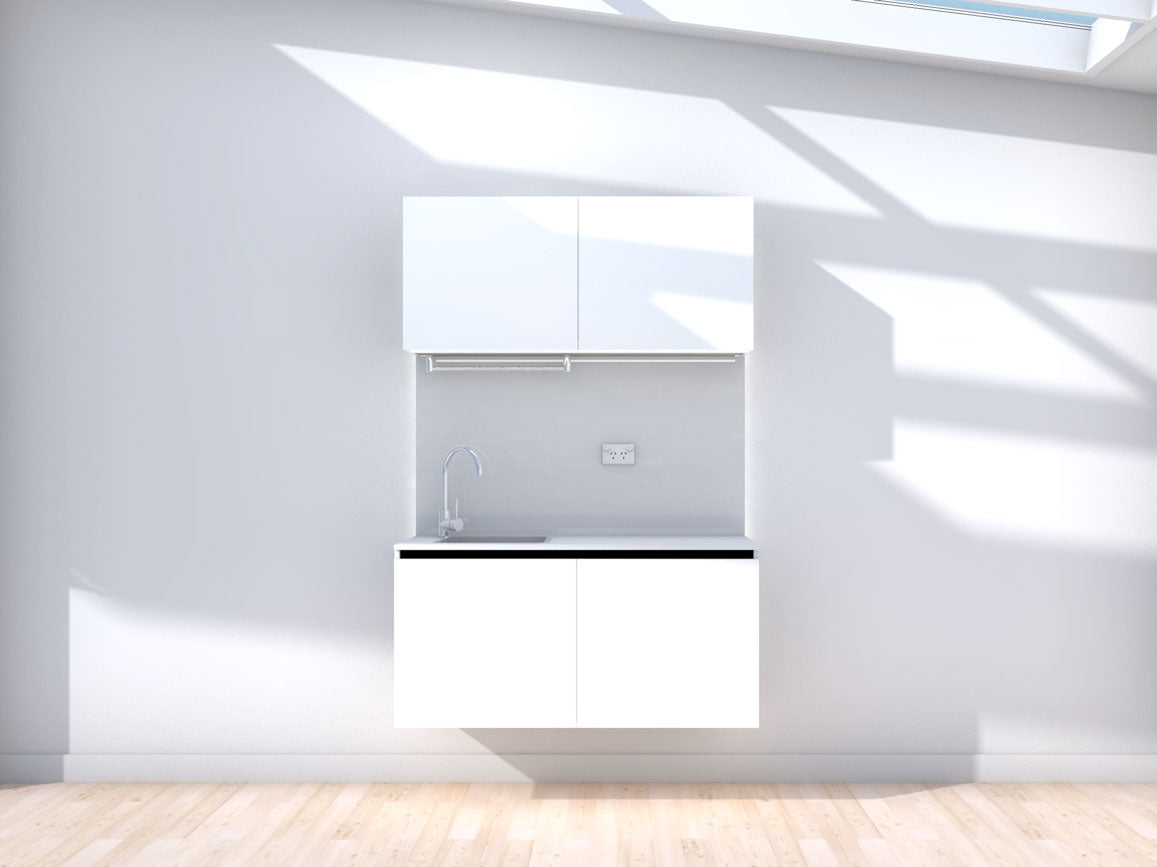 Weightless - Floating prefabricated kitchenette - white and grey - no appliances