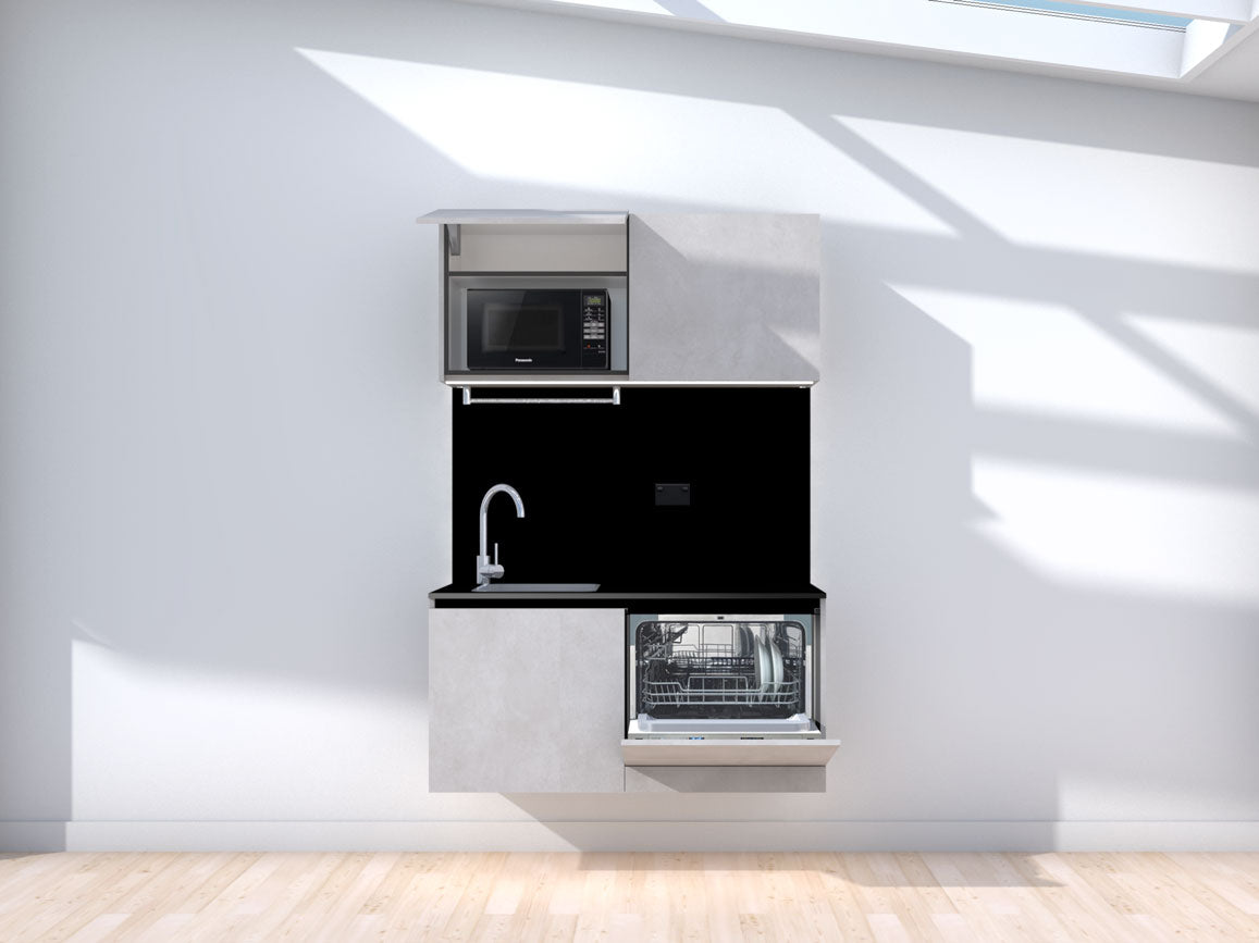 Weightless - Floating prefabricated kitchenette - grey and black - with appliances