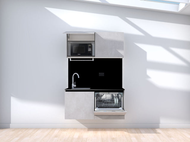 Weightless - Floating prefabricated kitchenette - grey and black - with appliances