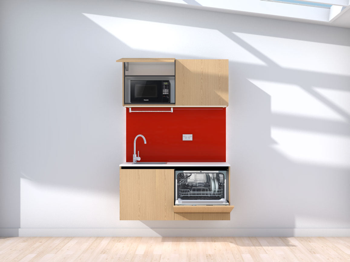 Weightless - Floating prefabricated kitchenette - oak and red - with appliances