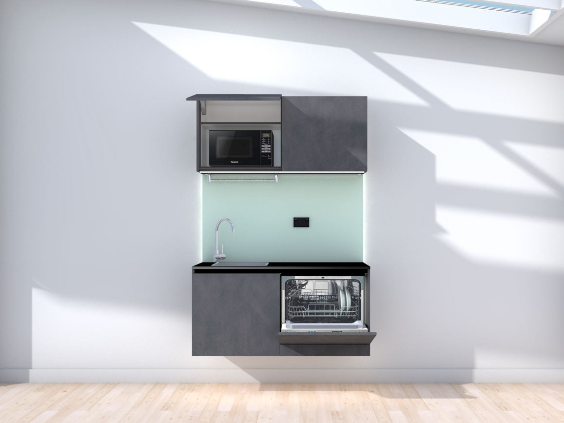 Weightless - Floating prefabricated kitchenette - slate and mint - with appliances