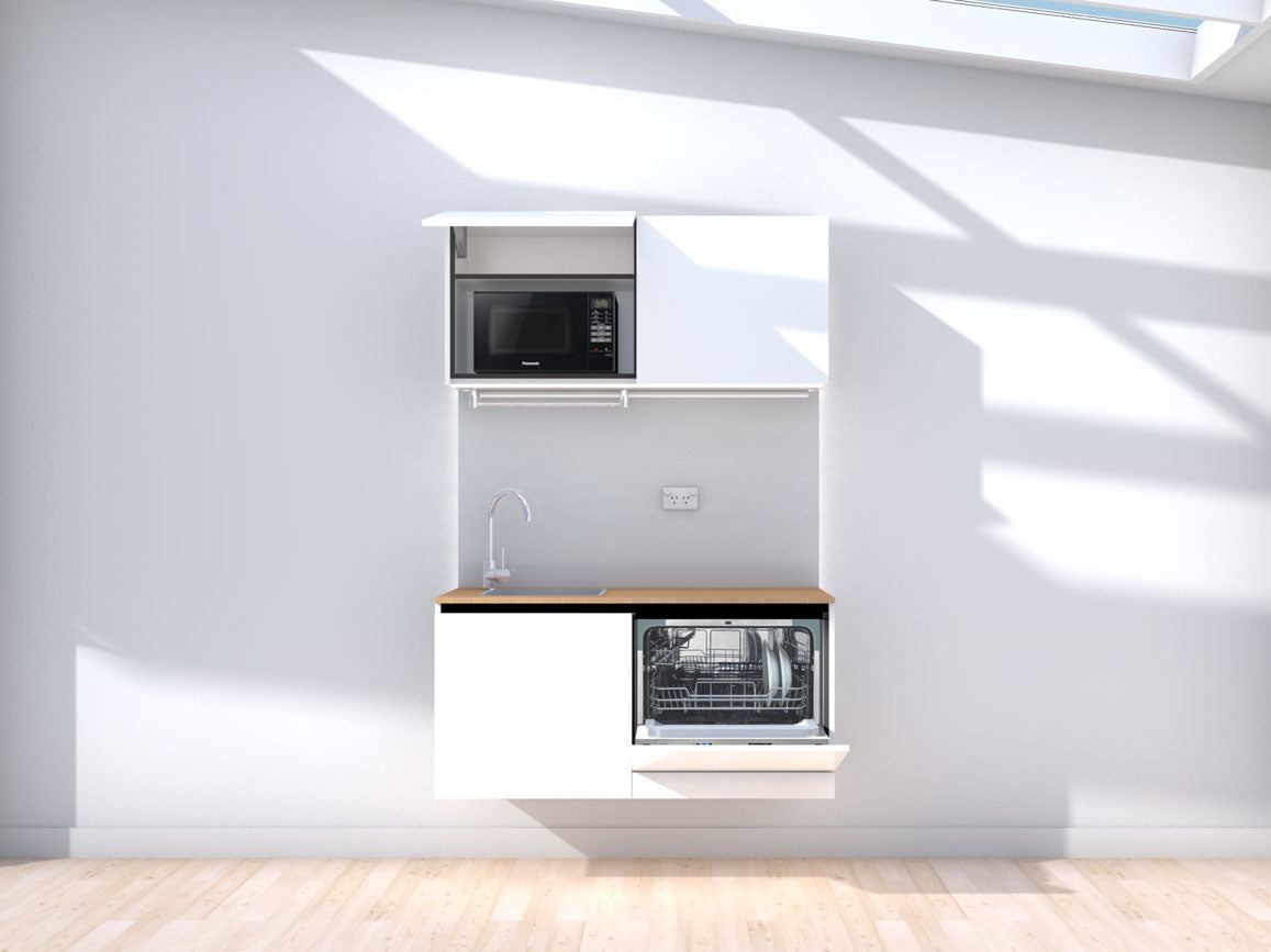 Weightless - Floating prefabricated kitchenette - white and grey - with appliances