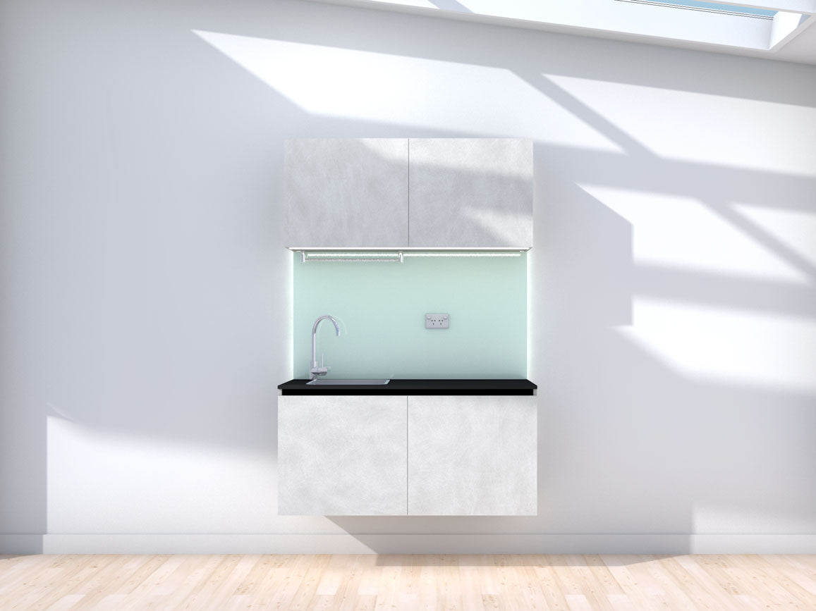 Zero-G - Floating prefabricated kitchenette - grey and mint - no appliances