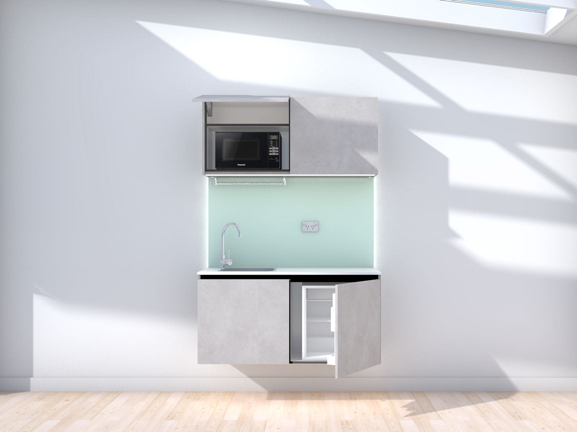 Zero-G - Floating prefabricated kitchenette - grey and mint - with appliances