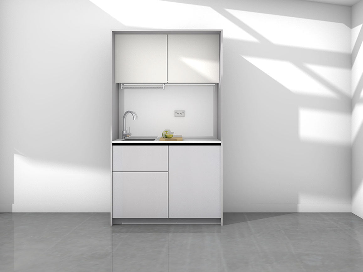 Sadie - 1.2m Compact Wall Unit Kitchenette. Displayed with 'Lite Aluminium and White' Cabinetry, 'Style White' Benchtop, and 'Sheer Bliss White' Splashback
