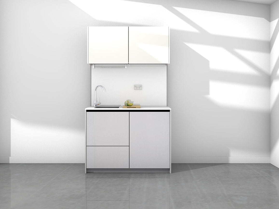 Charlie - 1.2m Compact Wall Unit Kitchenette. Displayed with 'Lite Aluminium and White' Cabinetry, 'Style White' Benchtop, and 'Sheer Bliss White' Splashback