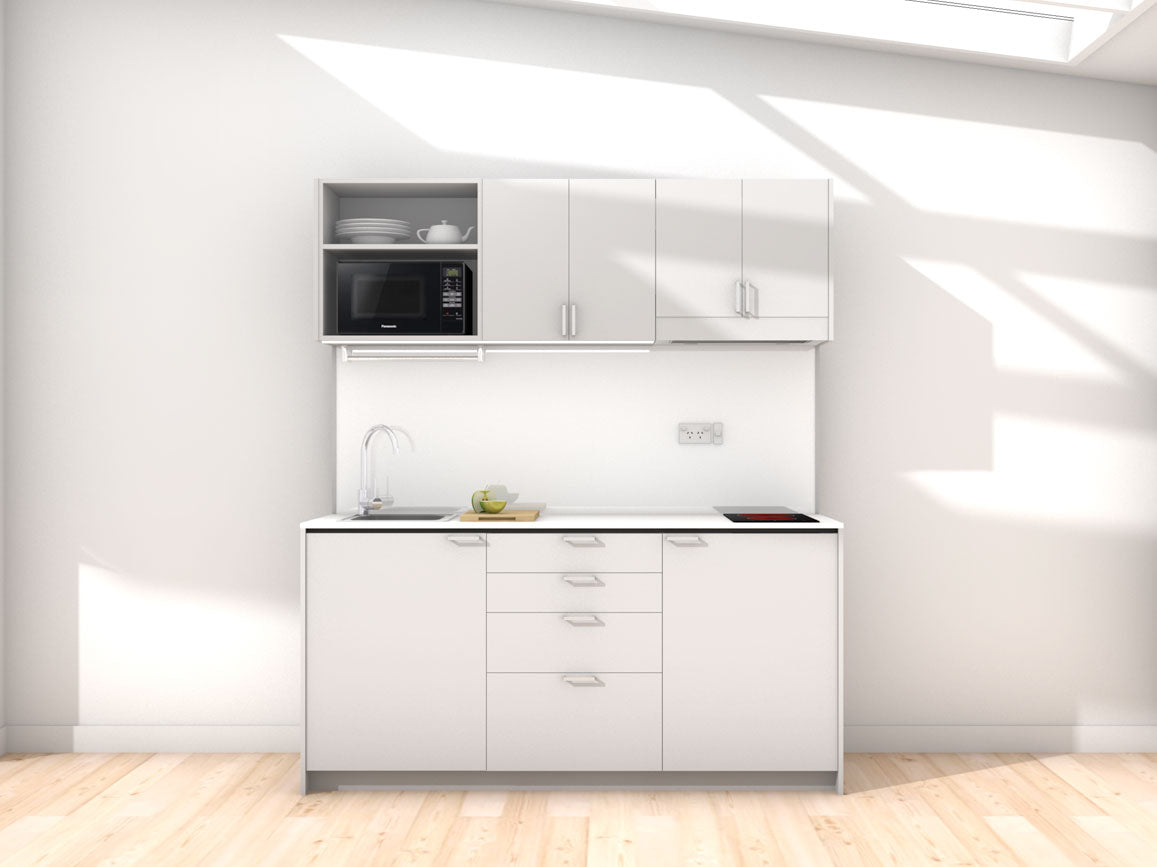 Amsterdam - 1.8m Regular Wall Unit Kitchenette. Displayed with 'Frost Grey' Cabinetry, White Benchtop,  and Sheer Bliss White Splashback