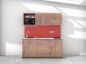 Amsterdam - 1.8m Regular Wall Unit Kitchenette. Displayed with 'Hickory Walnut' Cabinetry, White Benchtop,  and 'Stiletto' Splashback