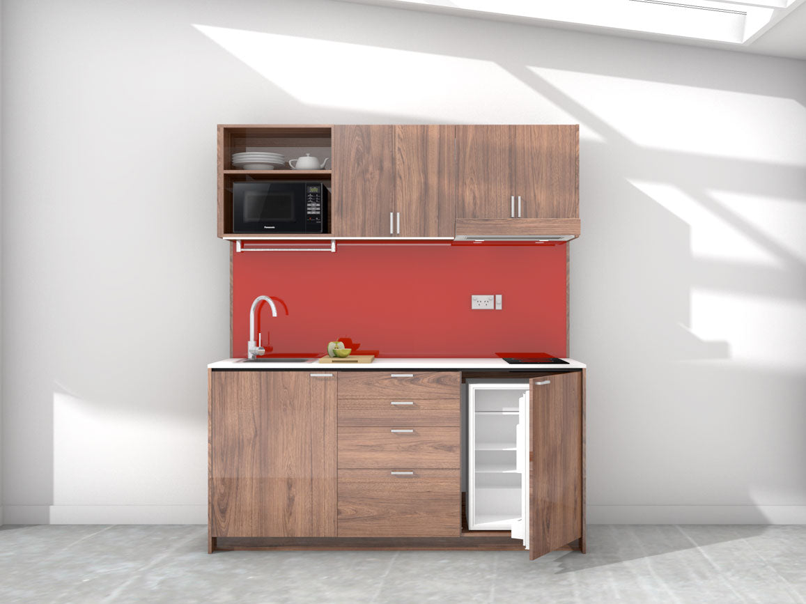 Amsterdam - 1.8m Regular Wall Unit Kitchenette. Displayed with 'Hickory Walnut' Cabinetry, White Benchtop,  and 'Stiletto' Splashback
