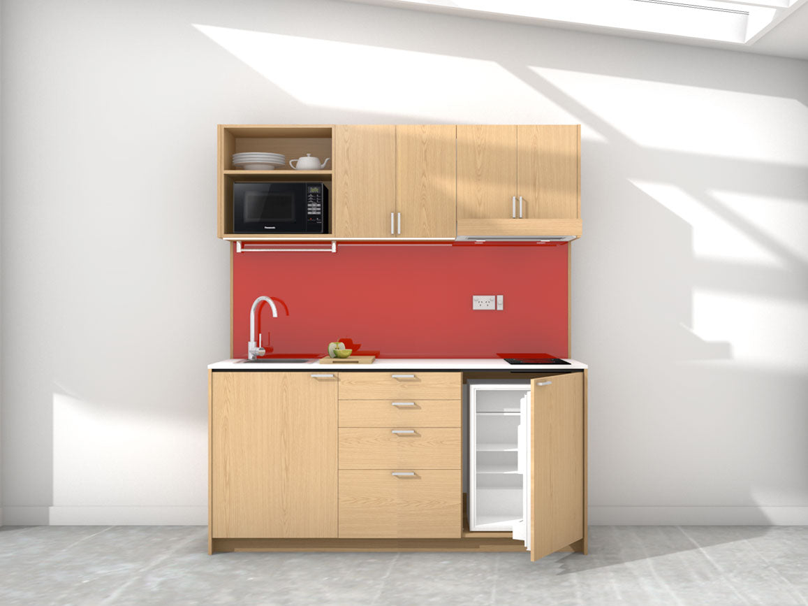 Amsterdam - 1.8m Regular Wall Unit Kitchenette. Displayed with 'Premium Oak' Cabinetry, White Benchtop,  and 'Stiletto' Splashback