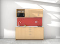 Amsterdam - 1.8m Regular Wall Unit Kitchenette. Displayed with 'Premium Oak' Cabinetry, White Benchtop,  and 'Stiletto' Splashback