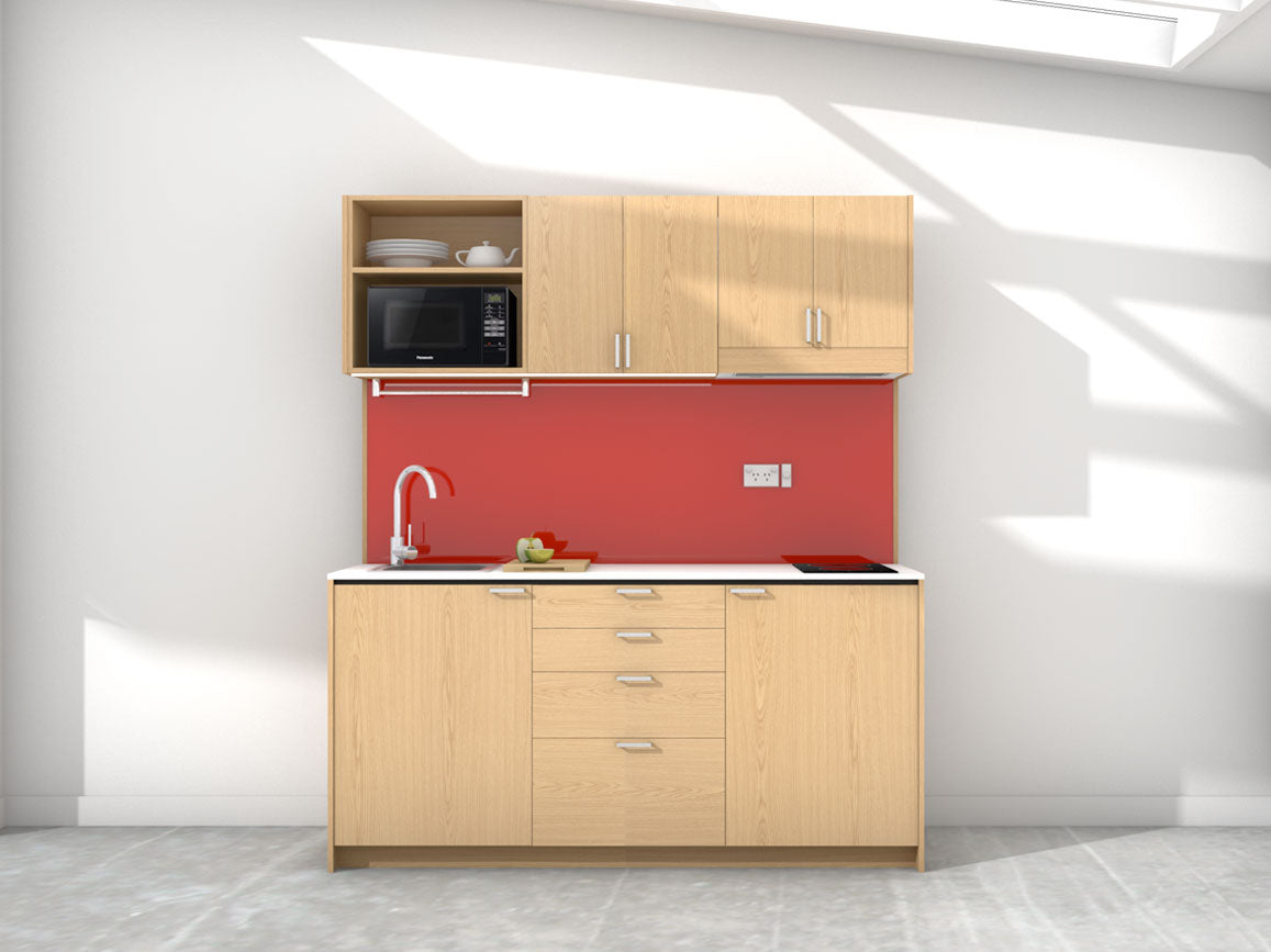 Amsterdam - 1.8m Regular Wall Unit Kitchenette. Displayed with 'Premium Oak' Cabinetry, White Benchtop,  and 'Stiletto' Splashback