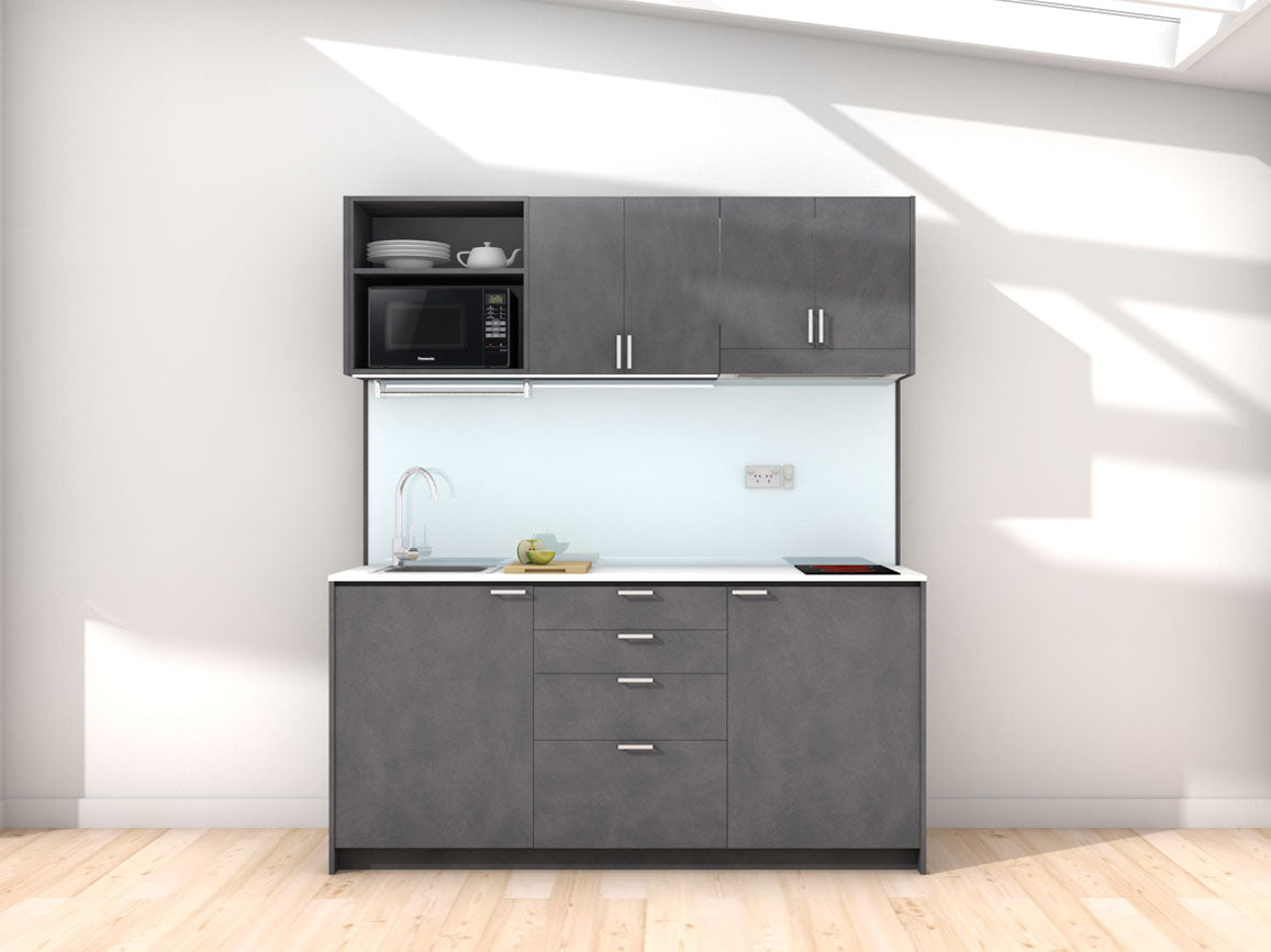 Amsterdam - 1.8m Regular Wall Unit Kitchenette. Displayed with 'Slate' Cabinetry, White Benchtop,  and Sheer Bliss White Splashback