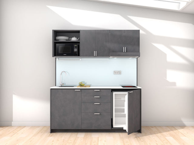 Amsterdam - 1.8m Regular Wall Unit Kitchenette. Displayed with 'Slate' Cabinetry, White Benchtop,  and Sheer Bliss White Splashback. 