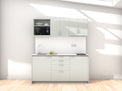 Amsterdam - 1.8m Regular Wall Unit Kitchenette. Displayed with 'Triple Duck Egg' Cabinetry, White Benchtop,  and 'Sheer Bliss White' Splashback
