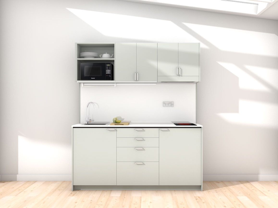Amsterdam - 1.8m Regular Wall Unit Kitchenette. Displayed with 'Triple Duck Egg' Cabinetry, White Benchtop,  and 'Sheer Bliss White' Splashback