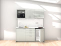 Amsterdam - 1.8m Regular Wall Unit Kitchenette. Displayed with 'Triple Duck Egg' Cabinetry, White Benchtop,  and 'Sheer Bliss White' Splashback