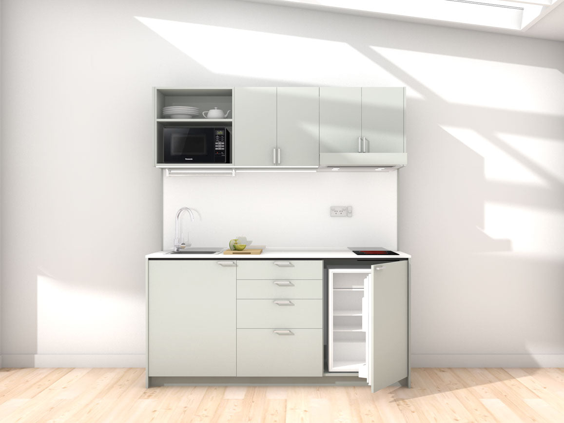 Amsterdam - 1.8m Regular Wall Unit Kitchenette. Displayed with 'Triple Duck Egg' Cabinetry, White Benchtop,  and 'Sheer Bliss White' Splashback