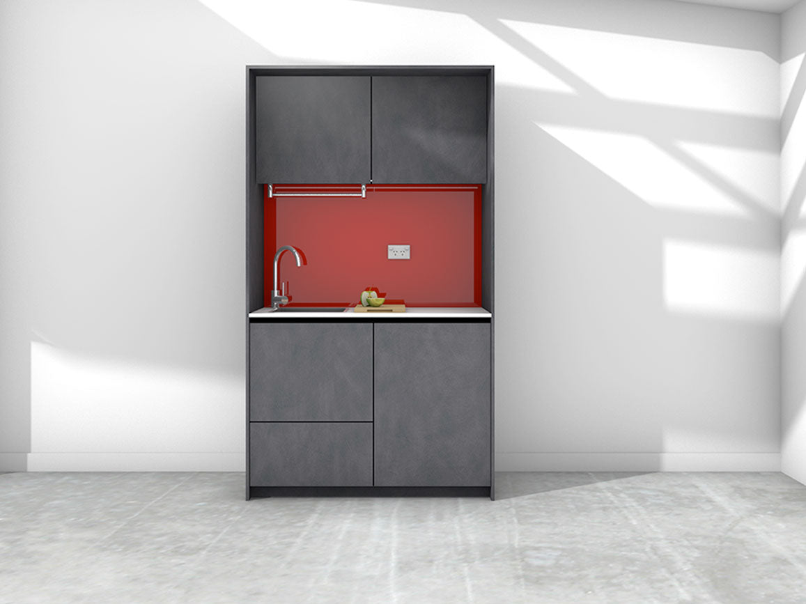 Marla - 1.2m Compact Wall Unit Kitchenette. Displayed with 'Slate' Cabinetry, 'Style White' Benchtop, and 'Stiletto' Splashback