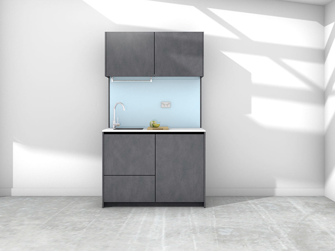 Charlie - 1.2m Compact Wall Unit Kitchenette. Displayed with 'Slate' Cabinetry, 'Style White' Benchtop, and 'Cascade' Splashback