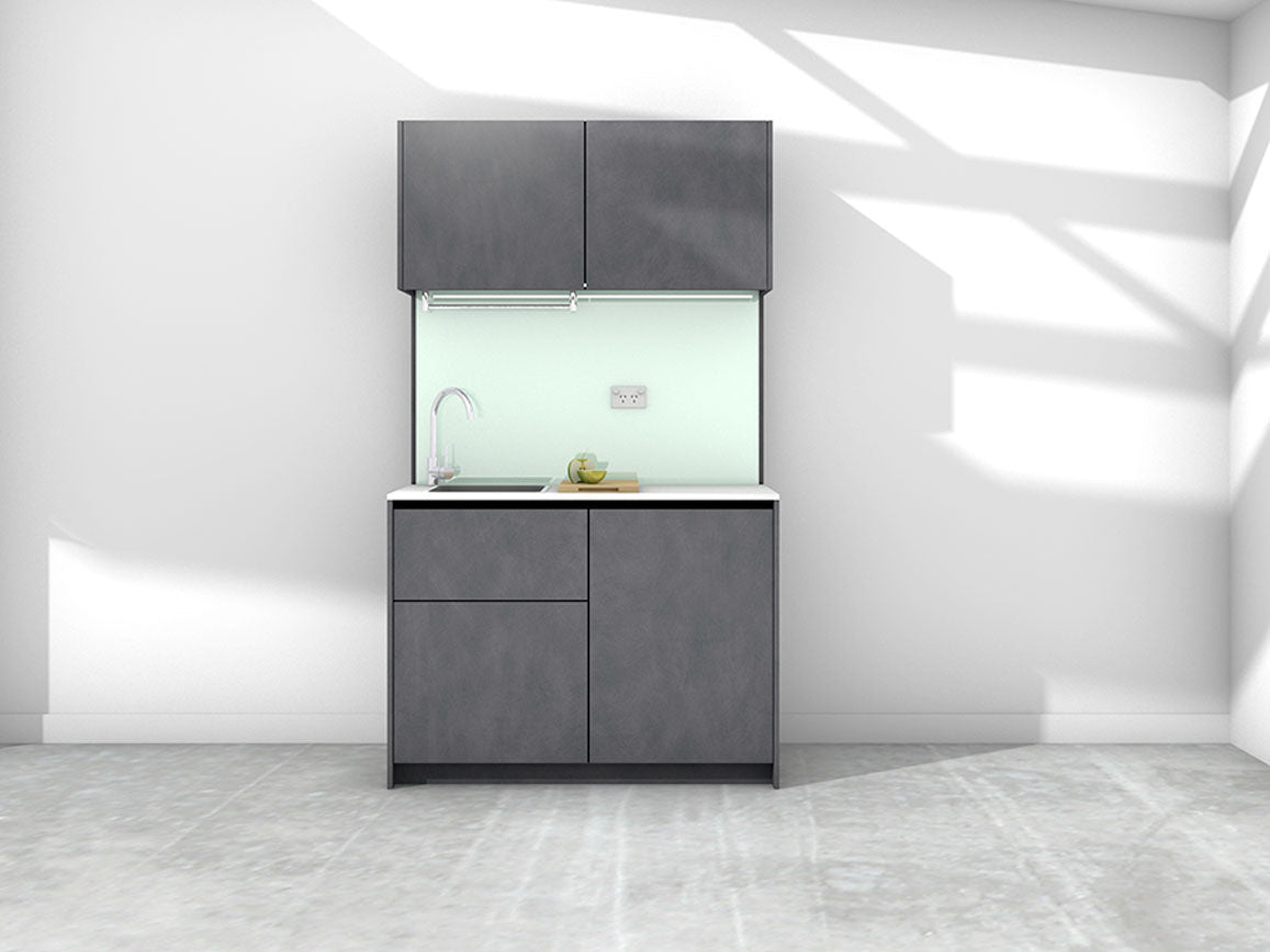 Erica - 1.2m Compact Wall Unit Kitchenette. Displayed with 'Slate' Cabinetry, 'Style White' Benchtop, and 'Mint' Splashback