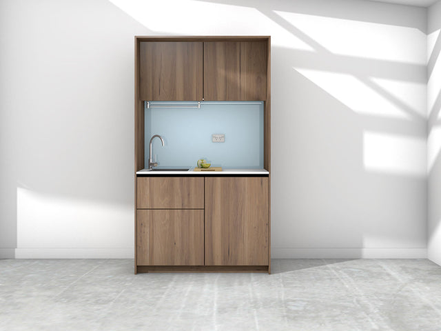 Sadie - 1.2m Compact Wall Unit Kitchenette. Displayed with 'Hickory Walnut' Cabinetry, 'Style White' Benchtop, and 'Cascade' Splashback