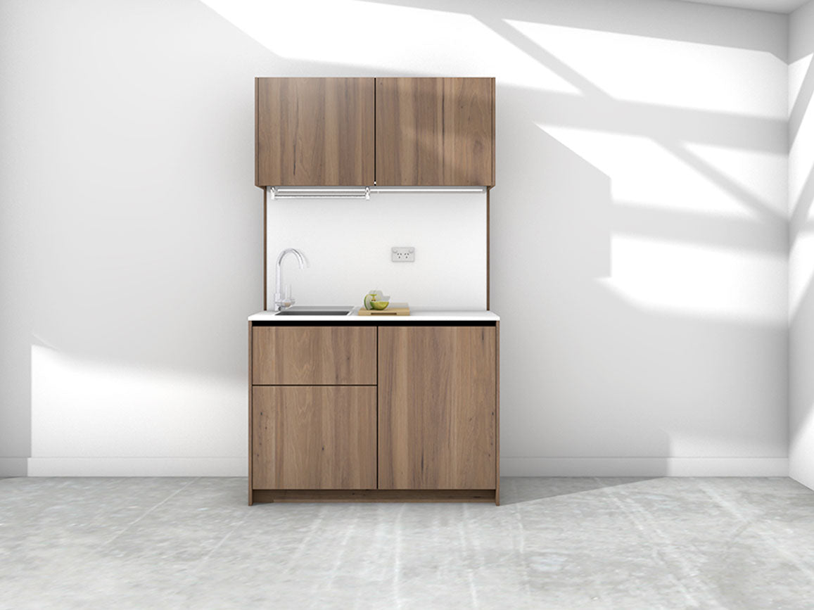 Erica - 1.2m Compact Wall Unit Kitchenette. Displayed with 'Hickory Walnut' Cabinetry, 'Style White' Benchtop, and 'Sheer Bliss White' Splashback