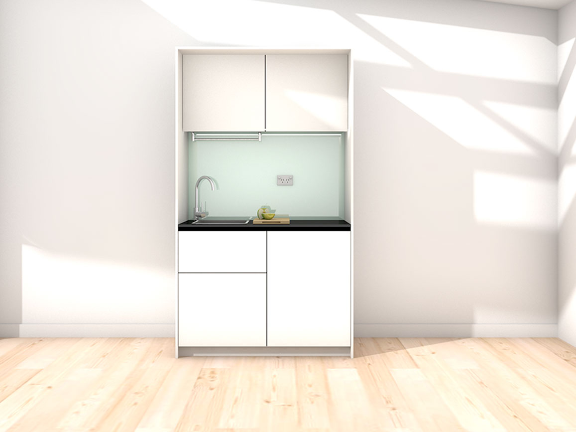Sadie - 1.2m Compact Wall Unit Kitchenette. Displayed with 'White' Cabinetry, 'Black' Benchtop, and 'Mint' Splashback