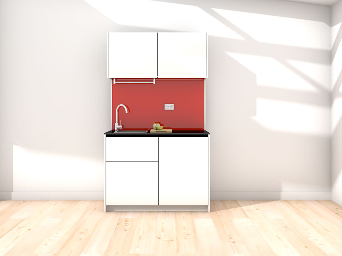 Erica - 1.2m Compact Wall Unit Kitchenette. Displayed with 'White' Cabinetry, 'Black' Benchtop, and 'Stiletto' Splashback