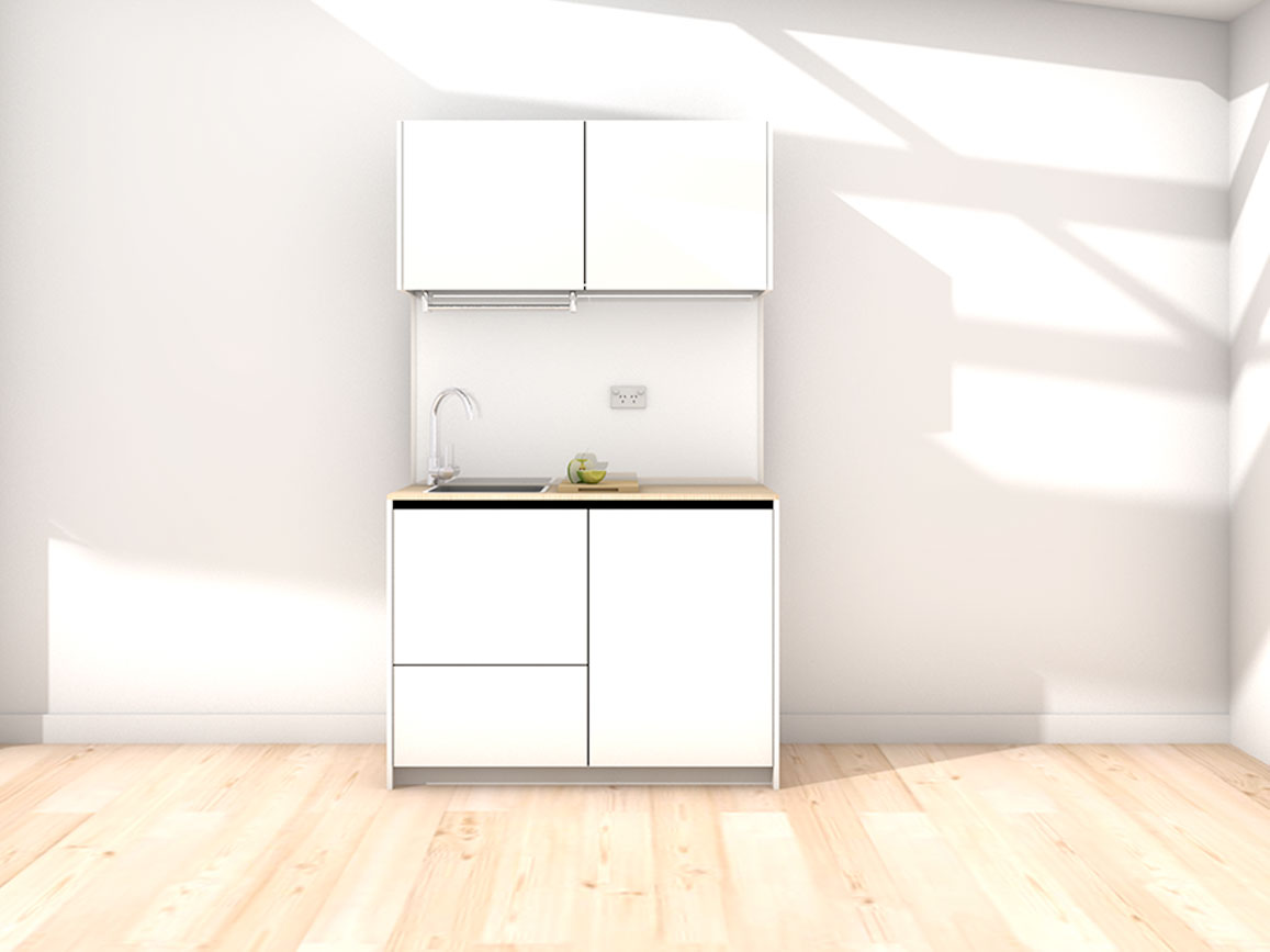Charlie - 1.2m Compact Wall Unit Kitchenette. Displayed with 'White' Cabinetry, 'Oak' Benchtop, and 'Sheer Bliss White' Splashback