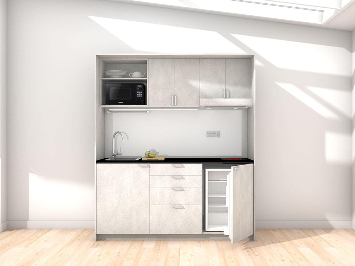 Kyoto - 1.8m Regular Wall Unit Kitchenette. Displayed with 'Honed Silica' Cabinetry, 'Black' Benchtop,  and 'Platinum Metallic' Splashback