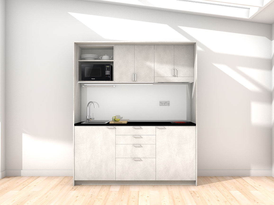 Kyoto - 1.8m Regular Wall Unit Kitchenette. Displayed with 'Honed Silica' Cabinetry, 'Black' Benchtop,  and 'Platinum Metallic' Splashback