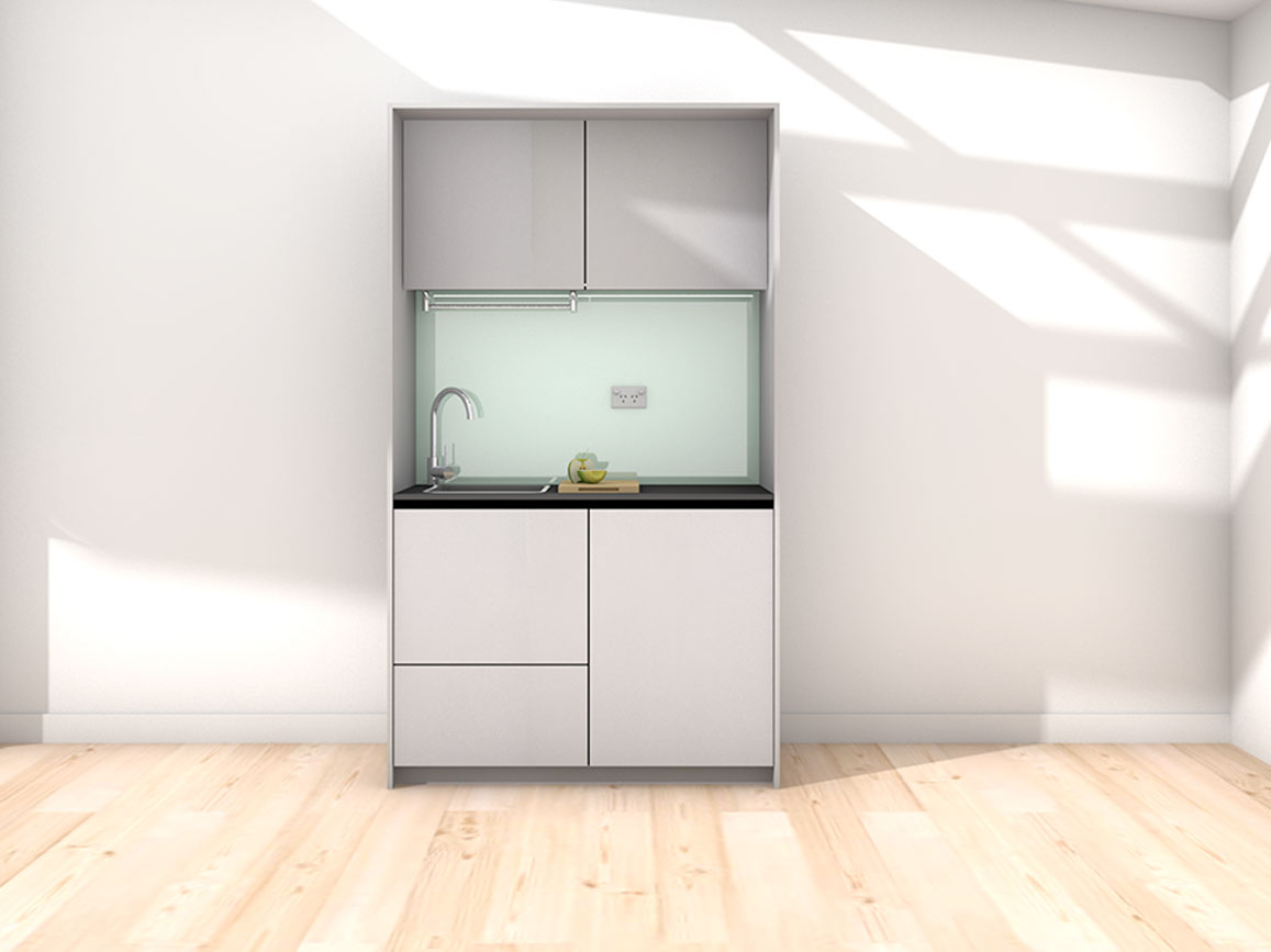Marla - 1.2m Compact Wall Unit Kitchenette. Displayed with 'Lite Aluminium' Cabinetry, 'Black' Benchtop, and 'Mint' Splashback 