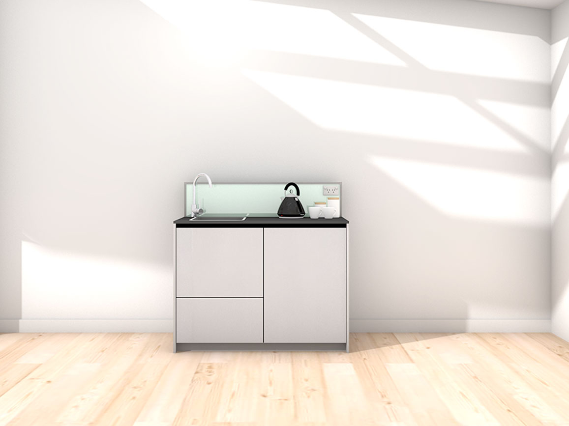 Quinn - 1.2m Compact Counter Unit Kitchenette. Displayed with 'Lite Aluminium' Cabinetry, 'Black' Benchtop, and 'Mint' Splashback