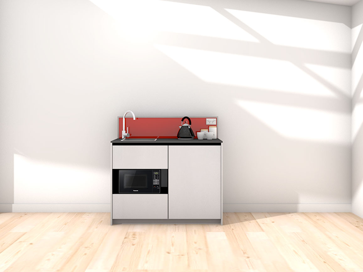 Eve - 1.2m Compact Counter Unit Kitchenette. Displayed with 'Lite Aluminium' Cabinetry, 'Black' Benchtop, and 'Stiletto' Splashback