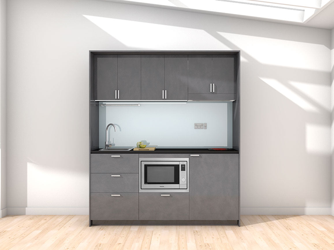 Majorca - 1.8m Regular Wall Unit Kitchenette. Displayed with 'Slate' Cabinetry, 'Black' Benchtop,  and 'Cascade' Splashback