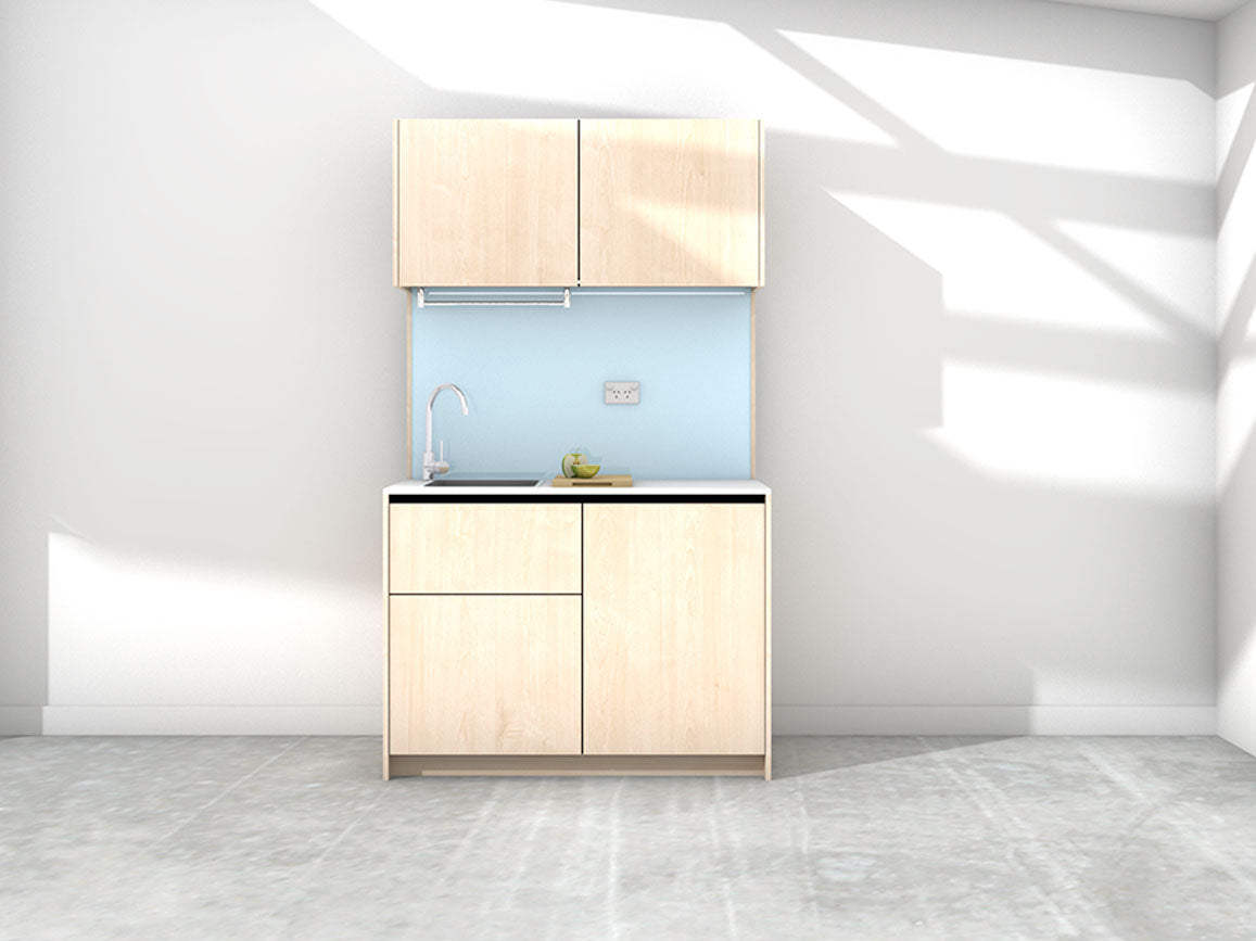 Erica - 1.2m Compact Wall Unit Kitchenette. Displayed with 'Bleached Maple' Cabinetry, 'Style White' Benchtop, and 'Cascade' Splashback
