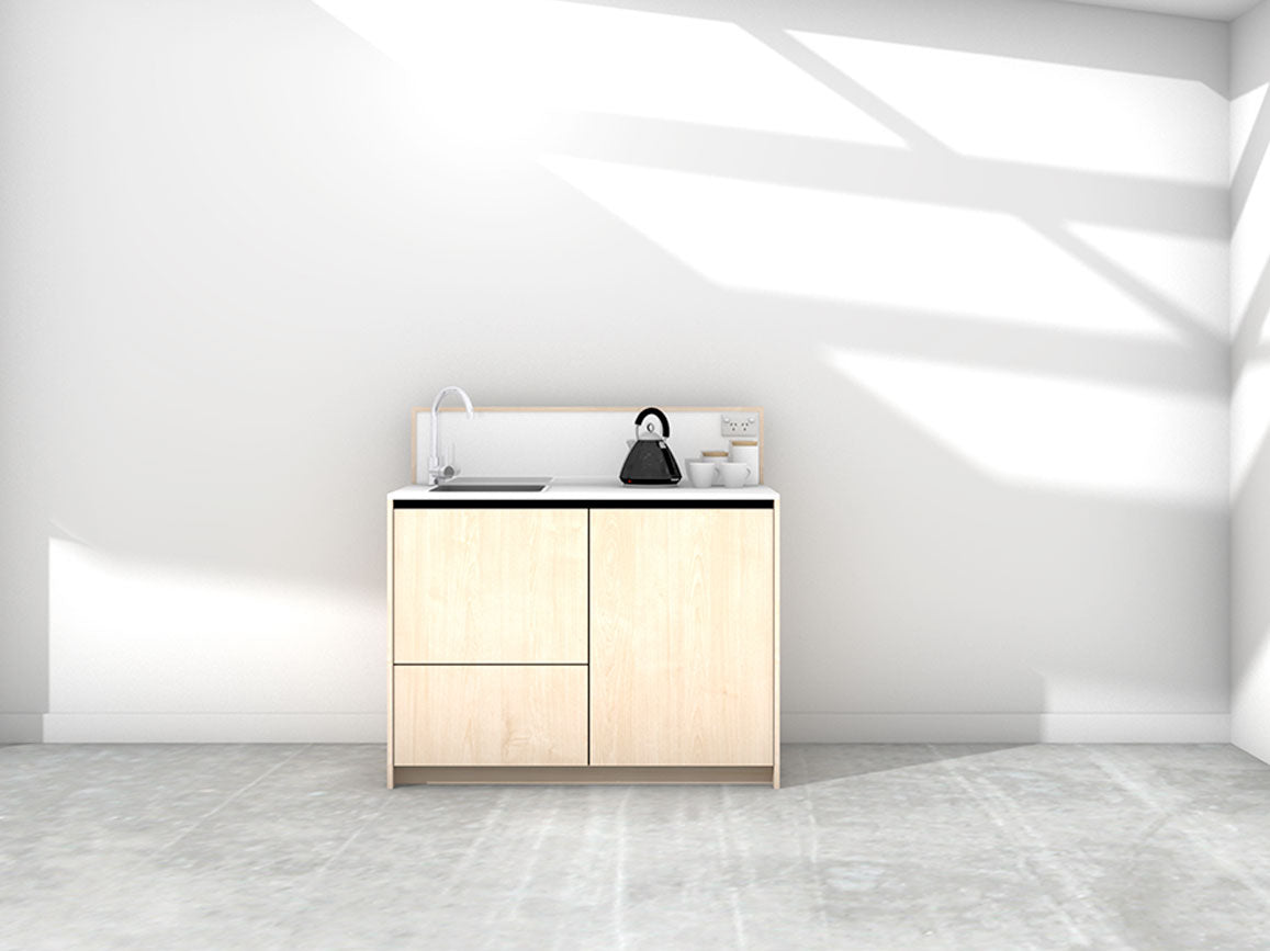Quinn - 1.2m Compact Counter Unit Kitchenette. Displayed with 'Maple' Cabinetry, 'Style White' Benchtop, and 'Sheer Bliss White' Splashback