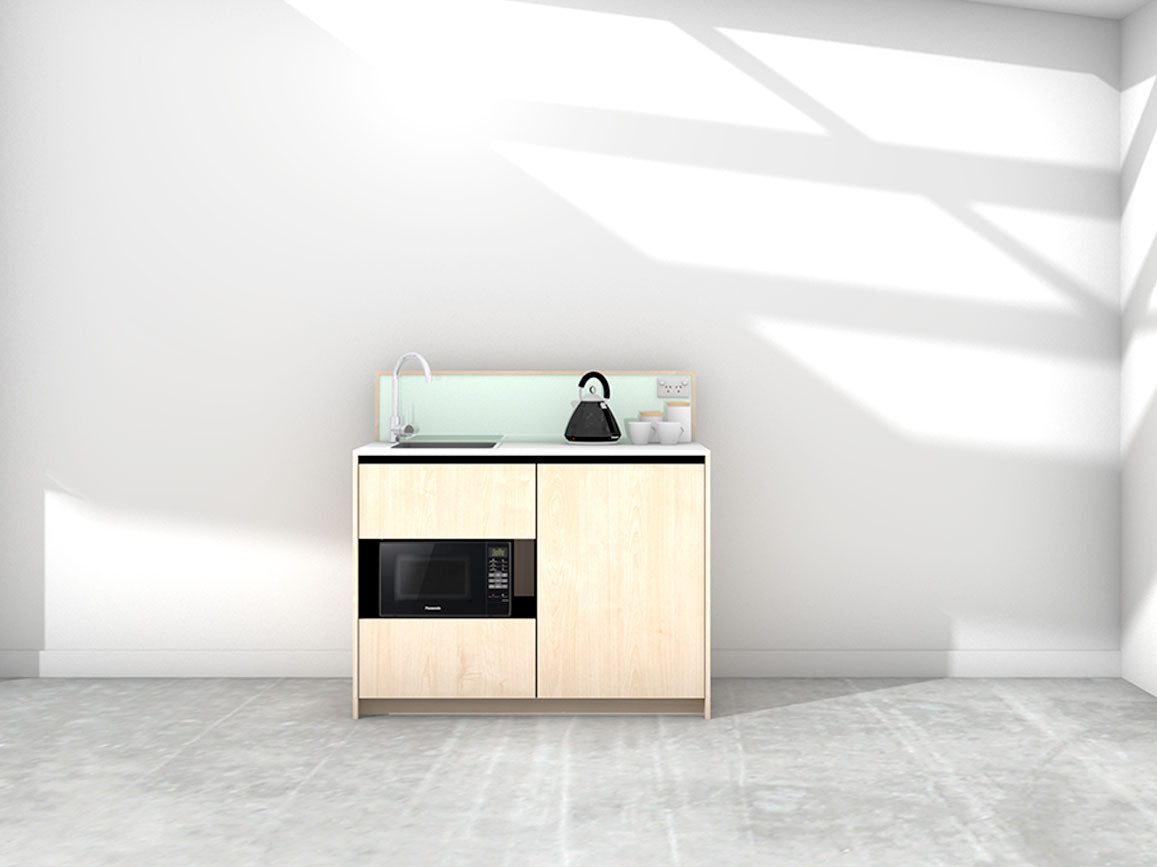 Eve - 1.2m Compact Counter Unit Kitchenette. Displayed with 'Maple' Cabinetry, 'Style White' Benchtop, and 'Mint' Splashback