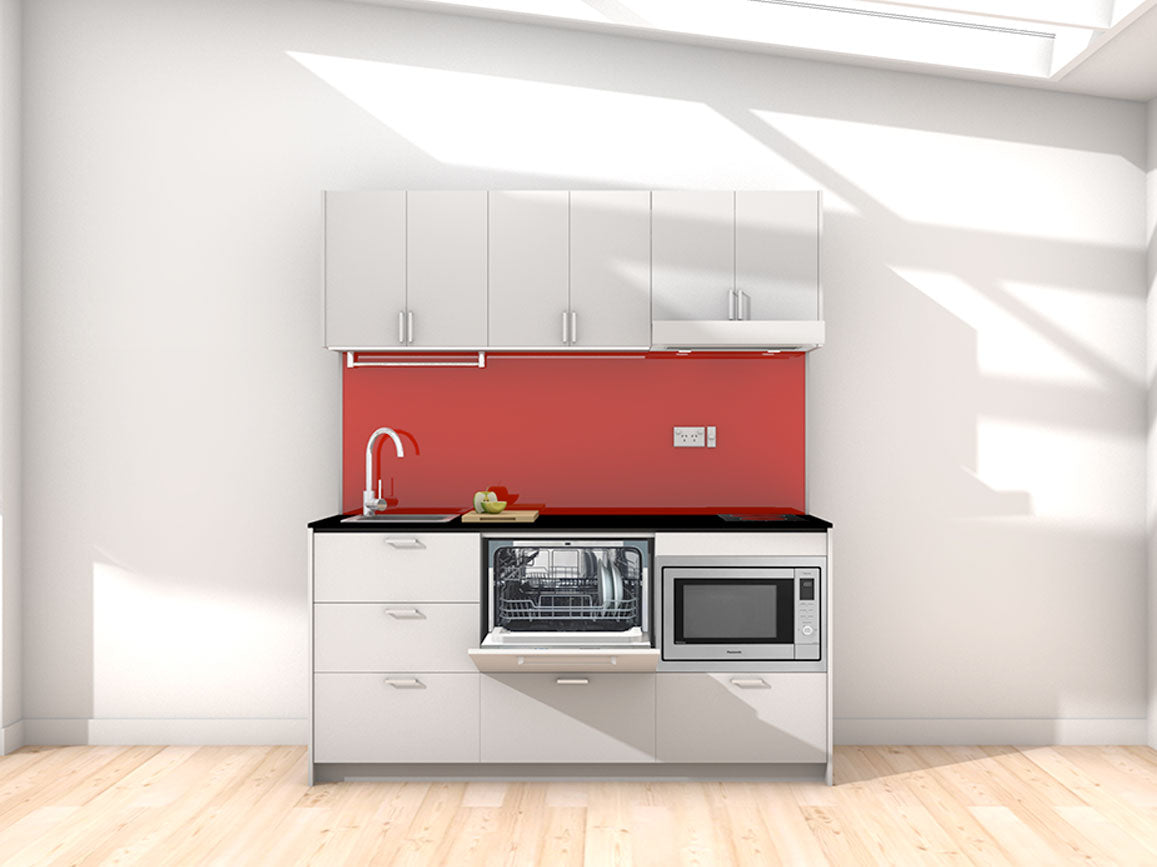 London - 1.8m Regular Wall Unit Kitchenette. Displayed with 'Frost Grey' Cabinetry, 'Black' Benchtop,  and 'Stiletto' Splashback