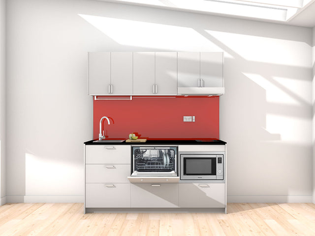 London - 1.8m Regular Wall Unit Kitchenette. Displayed with 'Frost Grey' Cabinetry, 'Black' Benchtop,  and 'Stiletto' Splashback