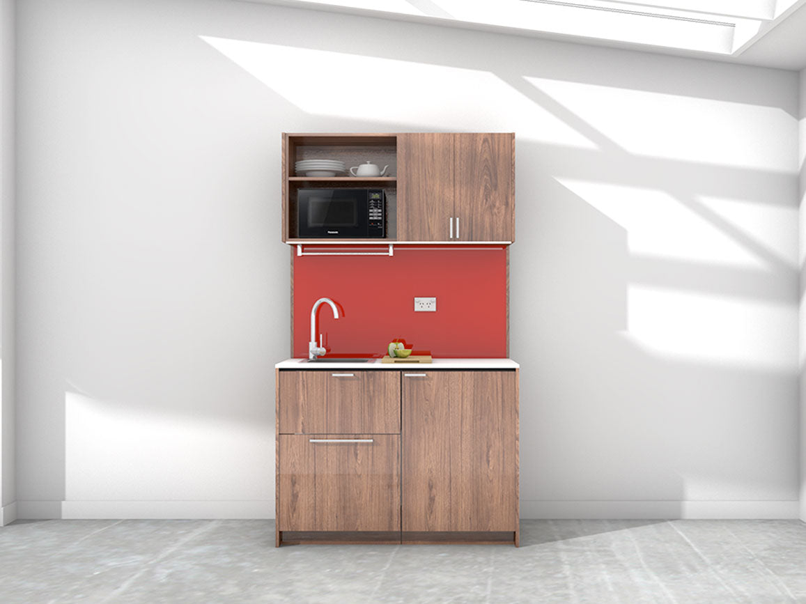 Erica - 1.2m Compact Wall Unit Kitchenette. Displayed with 'Hickory Walnut' Cabinetry, 'Style White' Benchtop, and 'Stiletto' Splashback