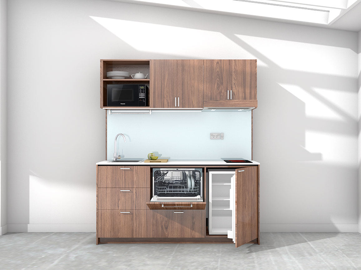 New York - 1.8m Regular Wall Unit Kitchenette. Displayed with 'Hickory Walnut' Cabinetry, 'Style White' Benchtop,  and 'Sheer Bliss White' Splashback