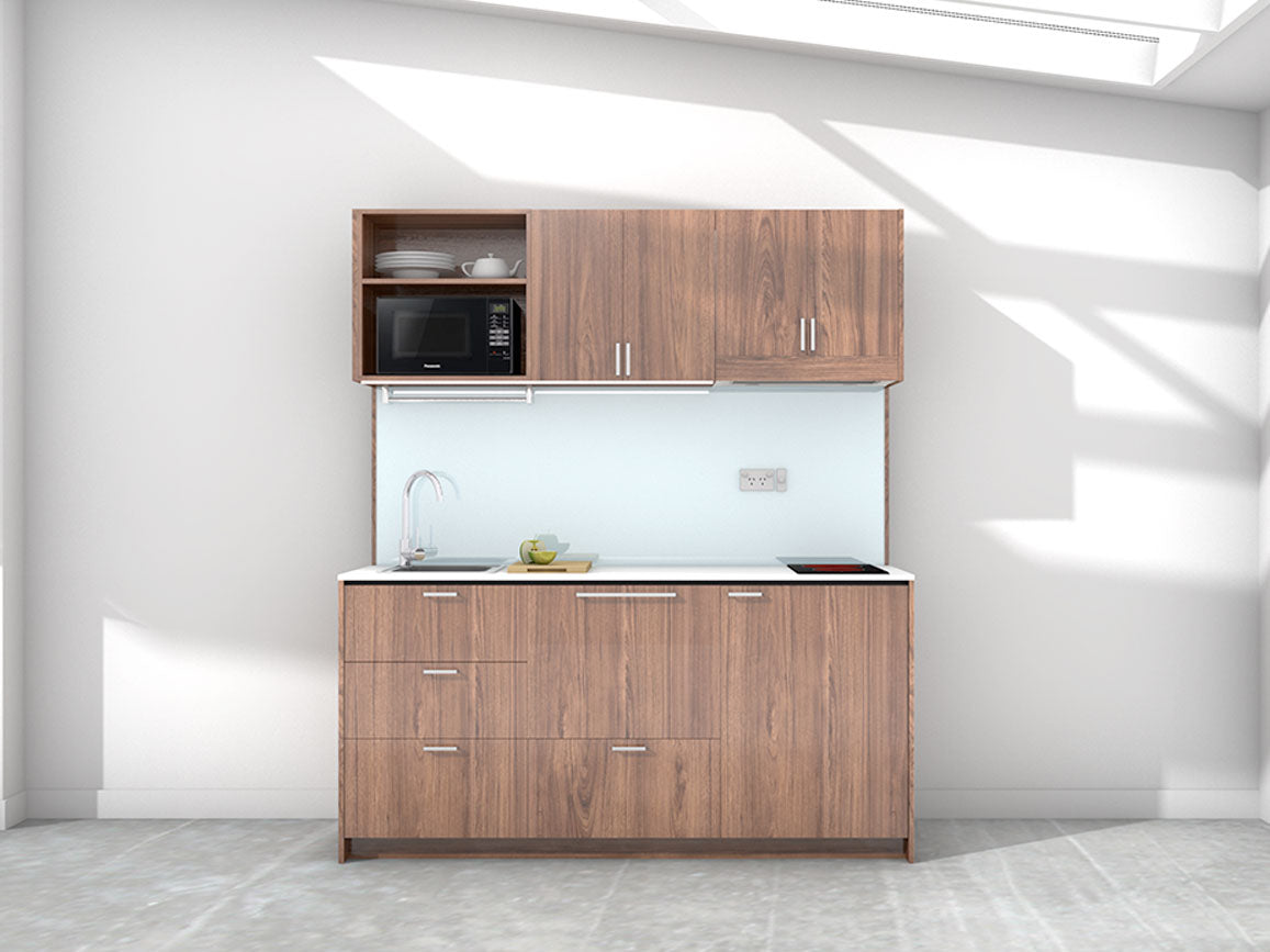 New York - 1.8m Regular Wall Unit Kitchenette. Displayed with 'Hickory Walnut' Cabinetry, 'Style White' Benchtop,  and 'Sheer Bliss White' Splashback