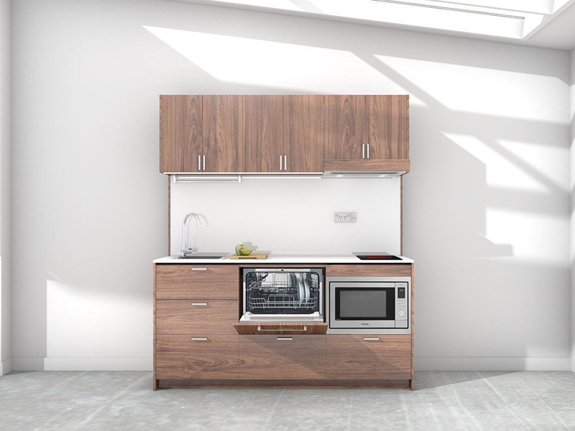 London - 1.8m Regular Wall Unit Kitchenette. Displayed with 'Hickory Walnut' Cabinetry, 'Style White' Benchtop,  and 'Sheer Bliss White' Splashback