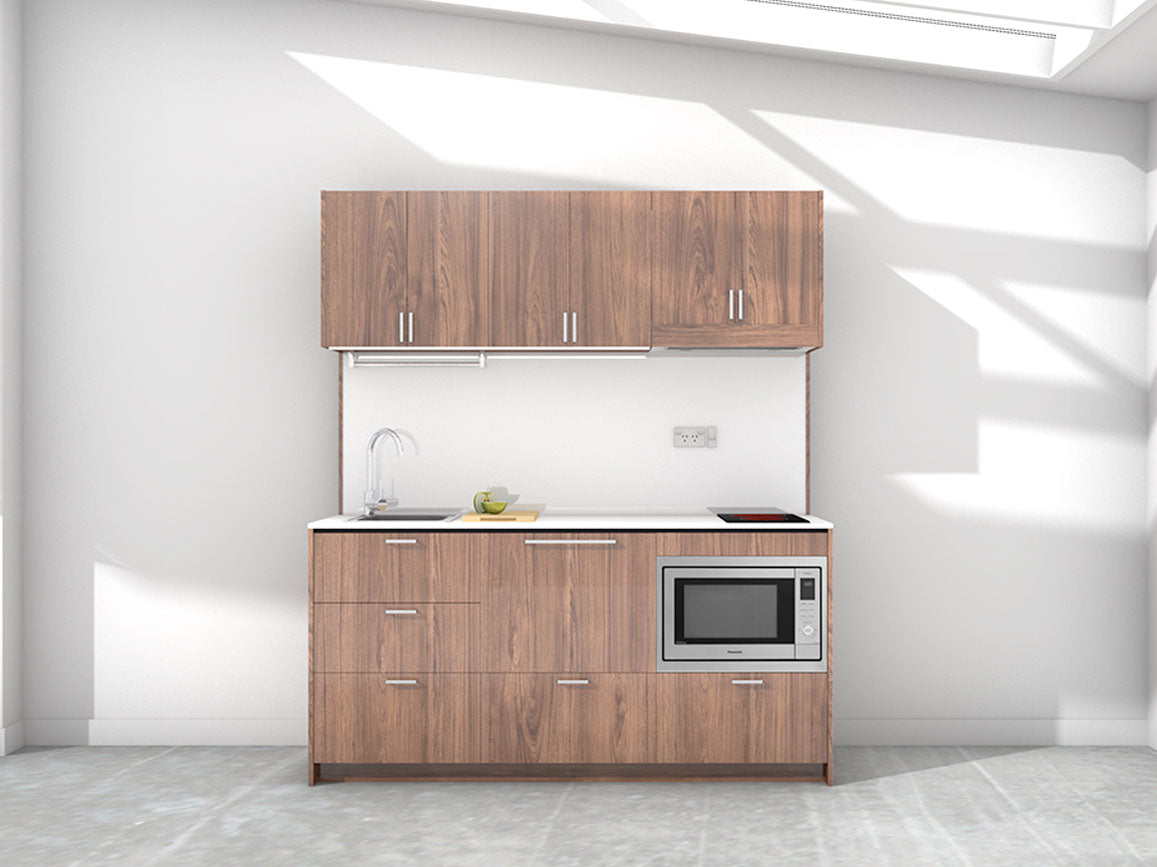 London - 1.8m Regular Wall Unit Kitchenette. Displayed with 'Hickory Walnut' Cabinetry, 'Style White' Benchtop,  and 'Sheer Bliss White' Splashback