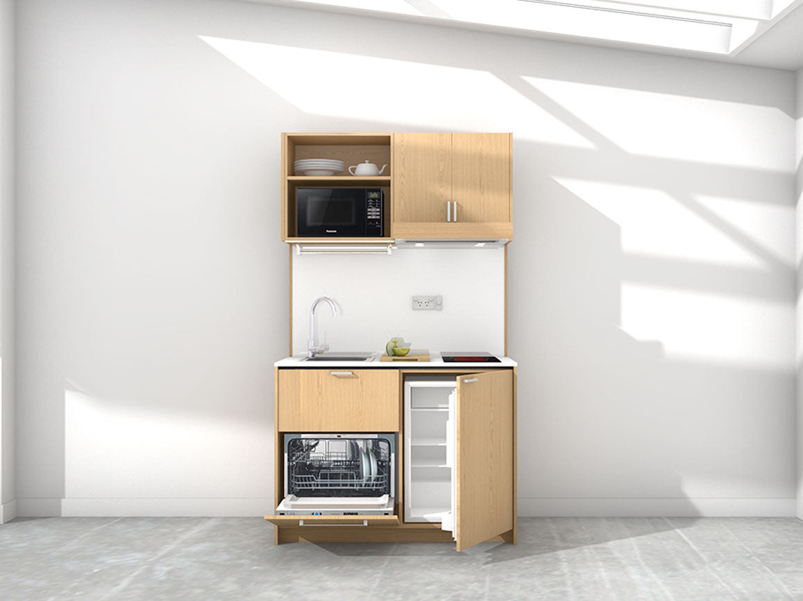 Georgia - 1.2m Compact Wall Unit Kitchenette. Displayed with 'Premium Oak' Cabinetry, 'Style White' Benchtop, and 'Sheer Bliss White' Splashback