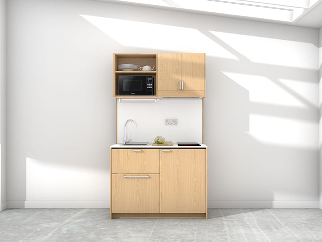 Georgia - 1.2m Compact Wall Unit Kitchenette. Displayed with 'Premium Oak' Cabinetry, 'Style White' Benchtop, and 'Sheer Bliss White' Splashback