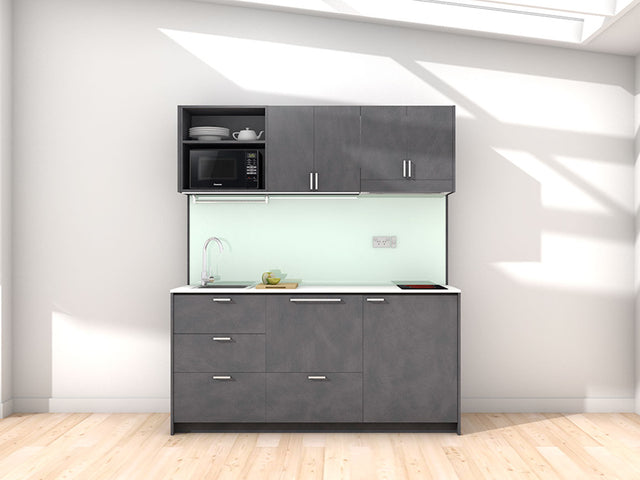 New York - 1.8m Regular Wall Unit Kitchenette. Displayed with 'Slate' Cabinetry, 'Style White' Benchtop,  and 'Mint' Splashback